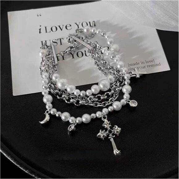🆕 Women White Pearl Bracelet Layered Cross Fashion Simple Stylish Jewelry Gifts - Picture 6 of 6